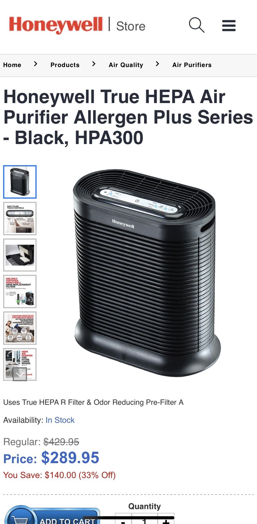 Honeywell HPA300 HEPA Air Purifier Extra-Large Room (465 sq. ft), Black 