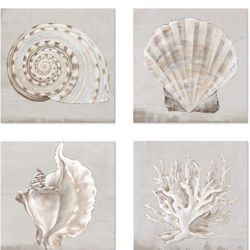 White shells Coastal Modern Seascape Canvas Wall Pictures Vintage Giclee Print on Canvas by PI Creative Art Stretched Living Room Bedroom Wall(White s