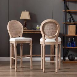 French Country Bar Stools Set of 2, Farmhouse BarStools with Solid Wood Frame and Upholstered, Rattan Back Kitchen Bar Stool for Dining Room, Kitchen
