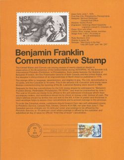 7614 13c Benjamin Franklin Stamp #1690 Souvenir Page