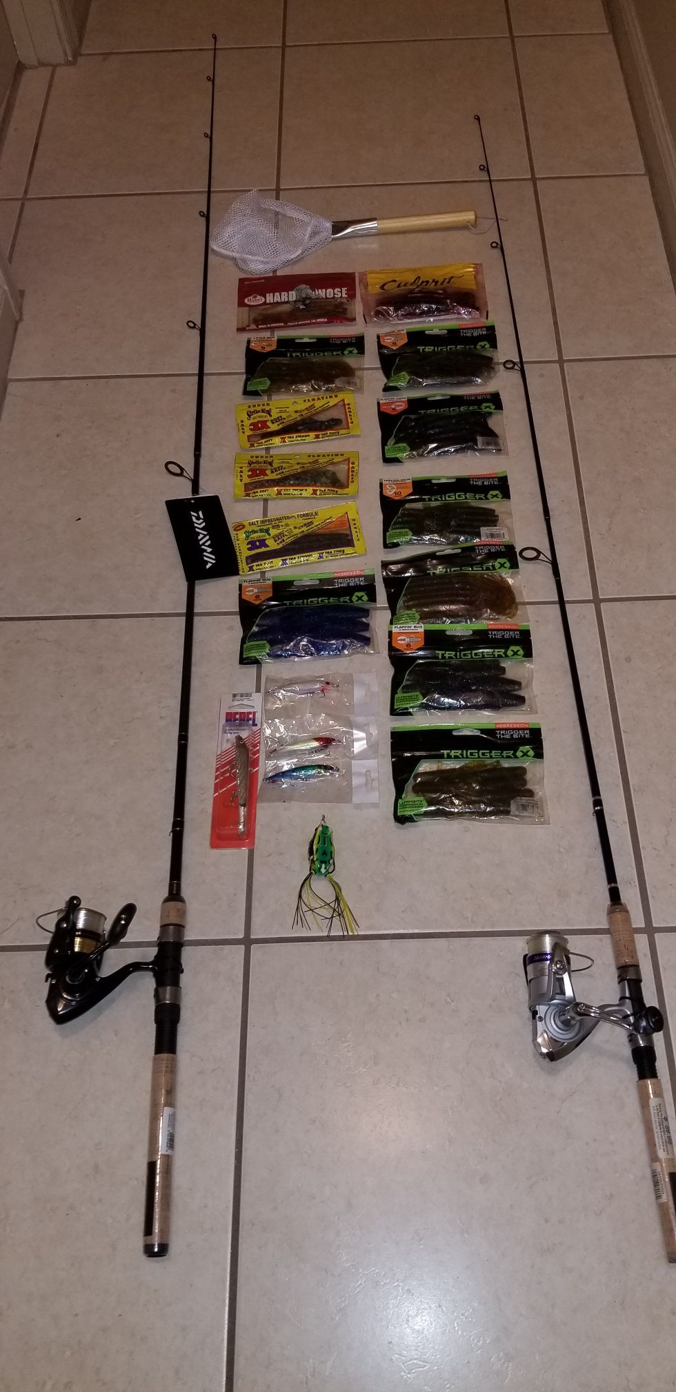 New fishing rods and reels and tackle accessories