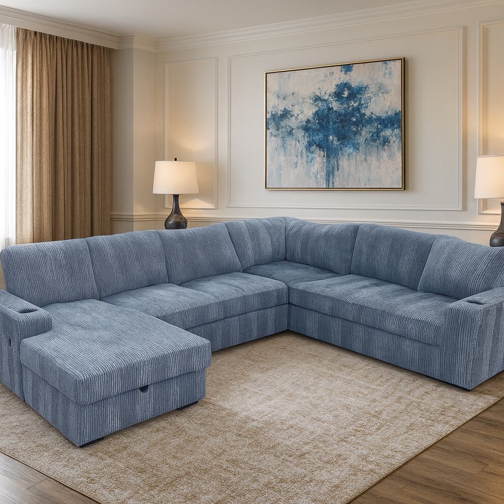 IKEA Gray Corduroy Modular Sectional Sofa w/ Chaise, Storage, USB Charger & Cup Holders Like-New