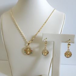 Virgen de Guadalupe charm Necklace chain earrings Set gold plated
