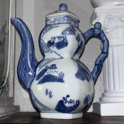 Late Qing Dynasty Hand-painted Teapot Blue and White Pattern 