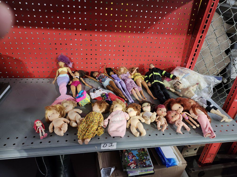 19 different dolls 11 small ones 8  big dolls barbie size  1 bag of clothes 