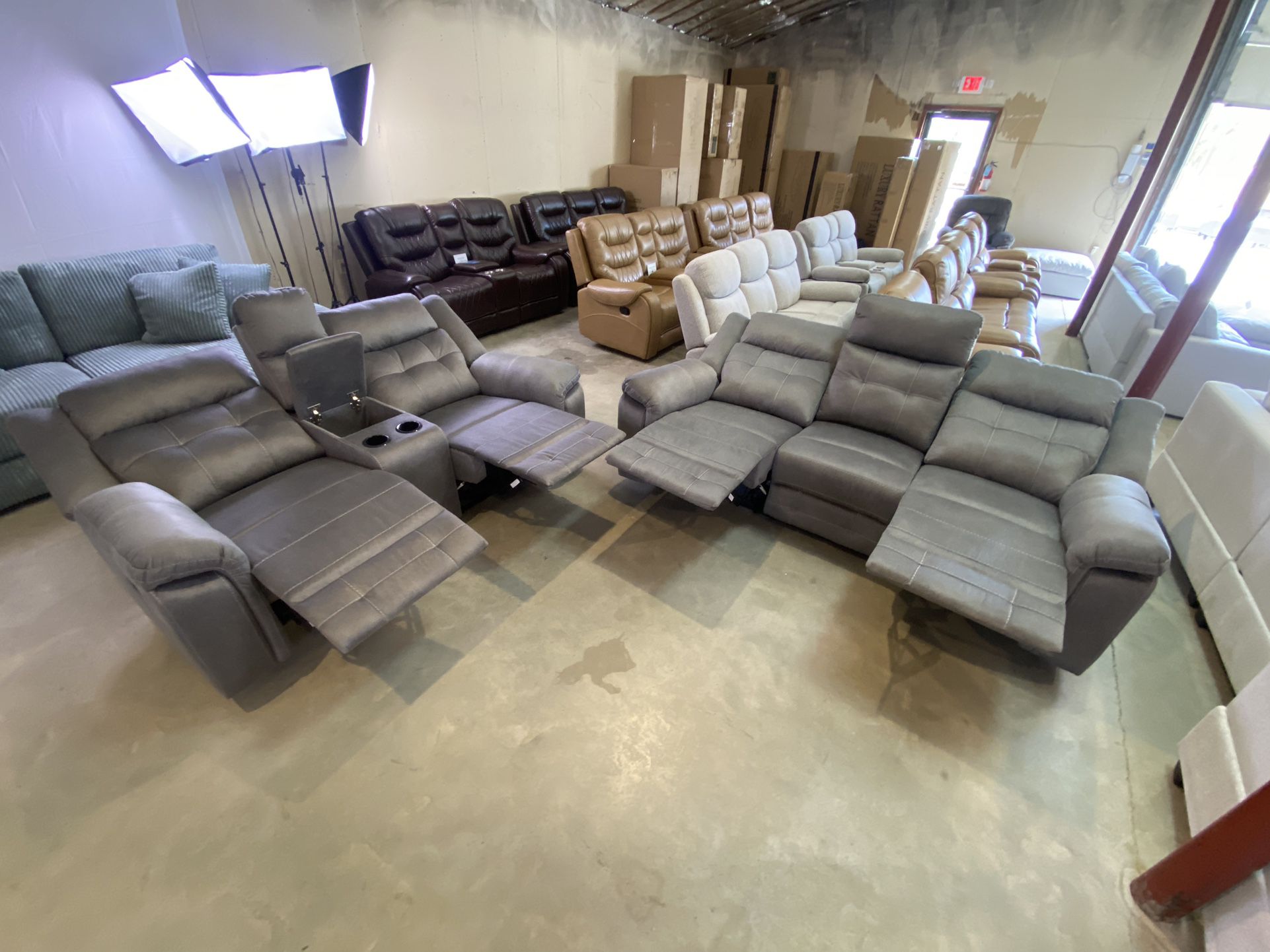 FREE DELIVERY AND INSTALLATION - NEW IN BOX! Recliner Sofa and Loveseat! Microfiber FabricGray Color