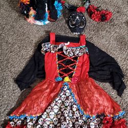 XL Costume Day of The Dead Sugar Skull Chica Dia De Los Muertos with 2 headbands 1 basket shaw mask Can Fit 9yrs To 16 Yrs