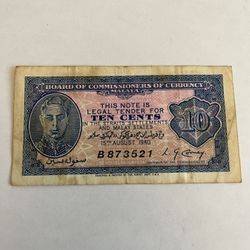 Rare 1940 Malaya 10 Cents Note