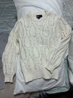 Alice Blue Pearl Embellished Cable Knit Sweater