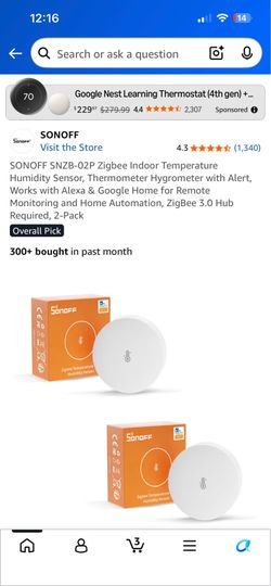 SONOFF SNZB-02P Zigbee Indoor Temperature Humidity Sensor, Thermometer Hygrometer with Alert, Works with Alexa & Google Home for Remote Monitoring and
