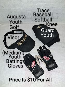 3 Youth Baseball/Softball Items All For 1 Price (Size Medium Batting Gloves, Knee Guard, & Sun Visor)