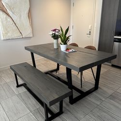 Wood Gray Dining Table, Bench, and Chairs
