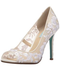Betsey Johnson Blue White Peep-Toe Heels Pumps