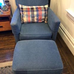 Comfy! Crate & Barrel Talia Swivel Chair + Ottoman, Blue, Light Wear