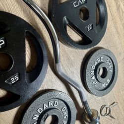 Olympic Equipment: Silver Curl Bar With Cooper Bearings & Weight Plates Pairs Of  35s, 25s And 10 Pounds   (Total: 160 lbs)