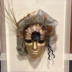 Gold-finished Venetian-style Masquerade Mask with wall-mounted frame