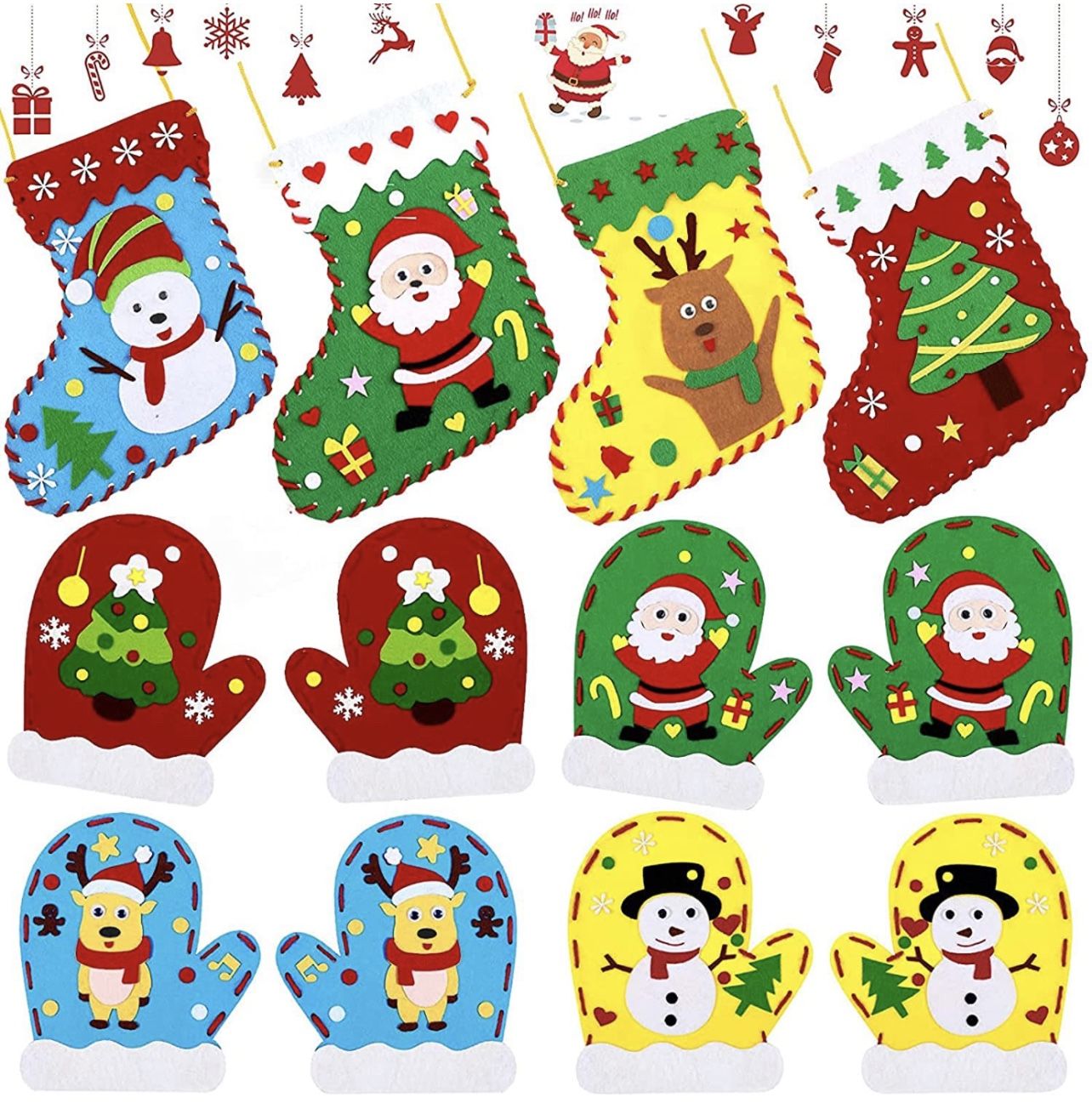 12 Pieces Christmas Felt Crafts DIY Christmas Ornaments Christmas Stocking and Gloves Sewing Kits Preschool Hand Craft Kits Santa Claus Christmas Tree