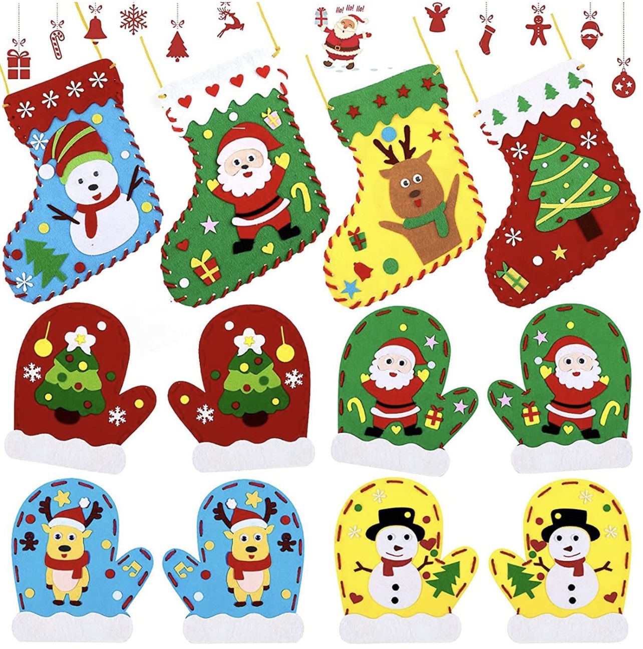 12 Pieces Christmas Felt Crafts DIY Christmas Ornaments Christmas Stocking and Gloves Sewing Kits Preschool Hand Craft Kits Santa Claus Christmas Tree