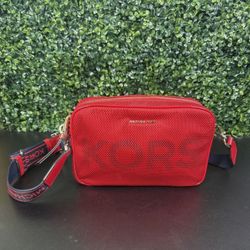 Michael Kors Womens Red Inner Pockets Adjustable Strap Zipper Crossbody Bag