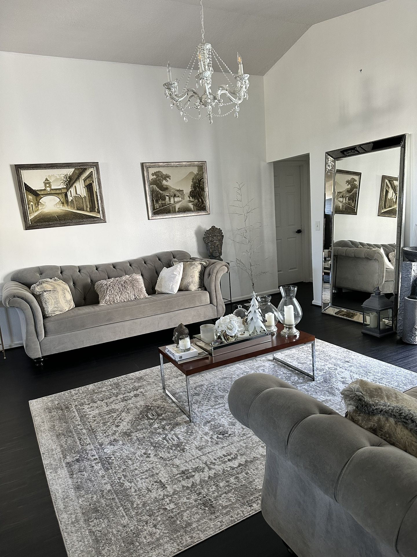 2 Piece Grey Velvet Tufted Living Room Set