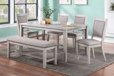 Brand new natural gray dining set (Table: 60" x 36" x 30"H ; Chair: 17" x 22" x 38"H ; Bench: 48" x 16" x 19"H)