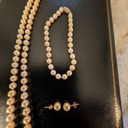 14K YELLOW GOLD PEARL NECKLACE BRACELET EARRING SET 