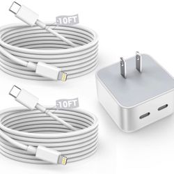 10FT Dual iPhone iPad AirPods Charger Fast Charging 40W USB C Fast Charger 