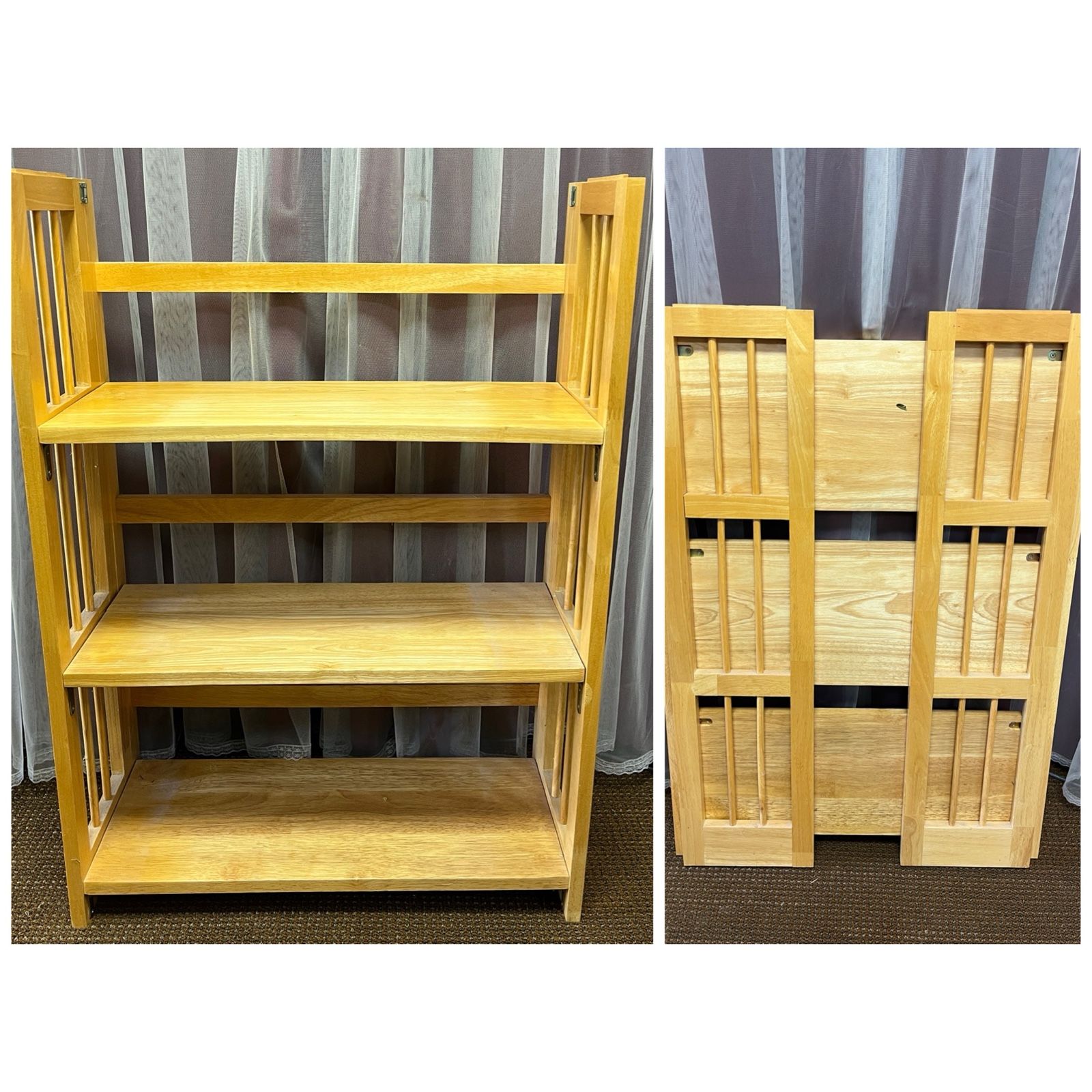 3 Shelf Folding Stackable Bookcase in natural wood. Folding wood open floor shelves. 