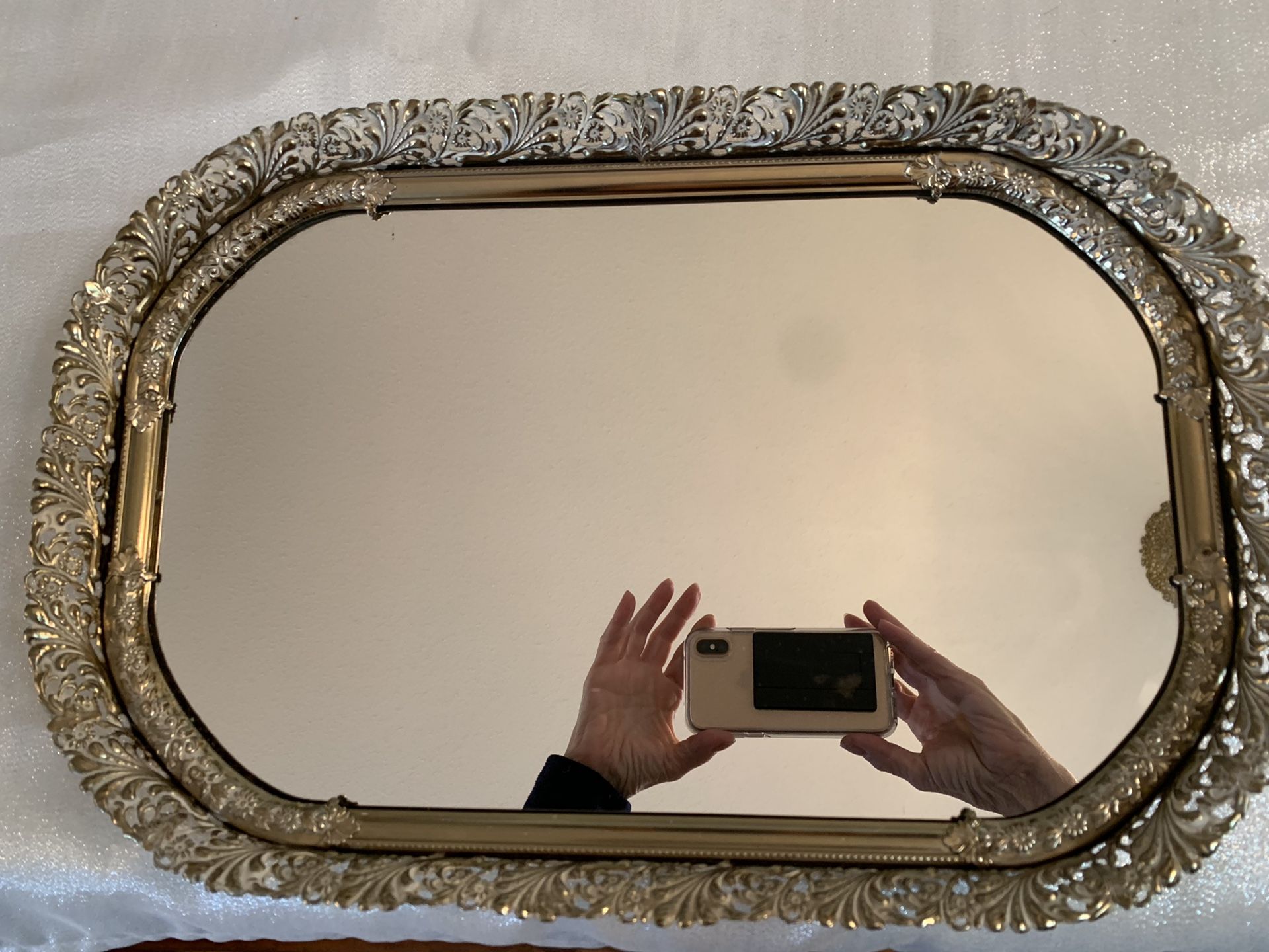 Vanity mirror tray vintage antique gold tone and white filigree