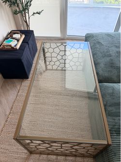 Modern Gold & Glass Coffee Table – Geometric Metal Base