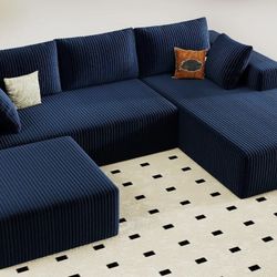 Brand New Blue Corduroy Sectional Sofa With Chaise And Ottoman