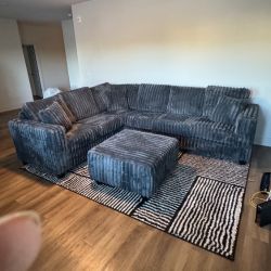 Gray Fluffy Corduroy Sectional with Ottoman