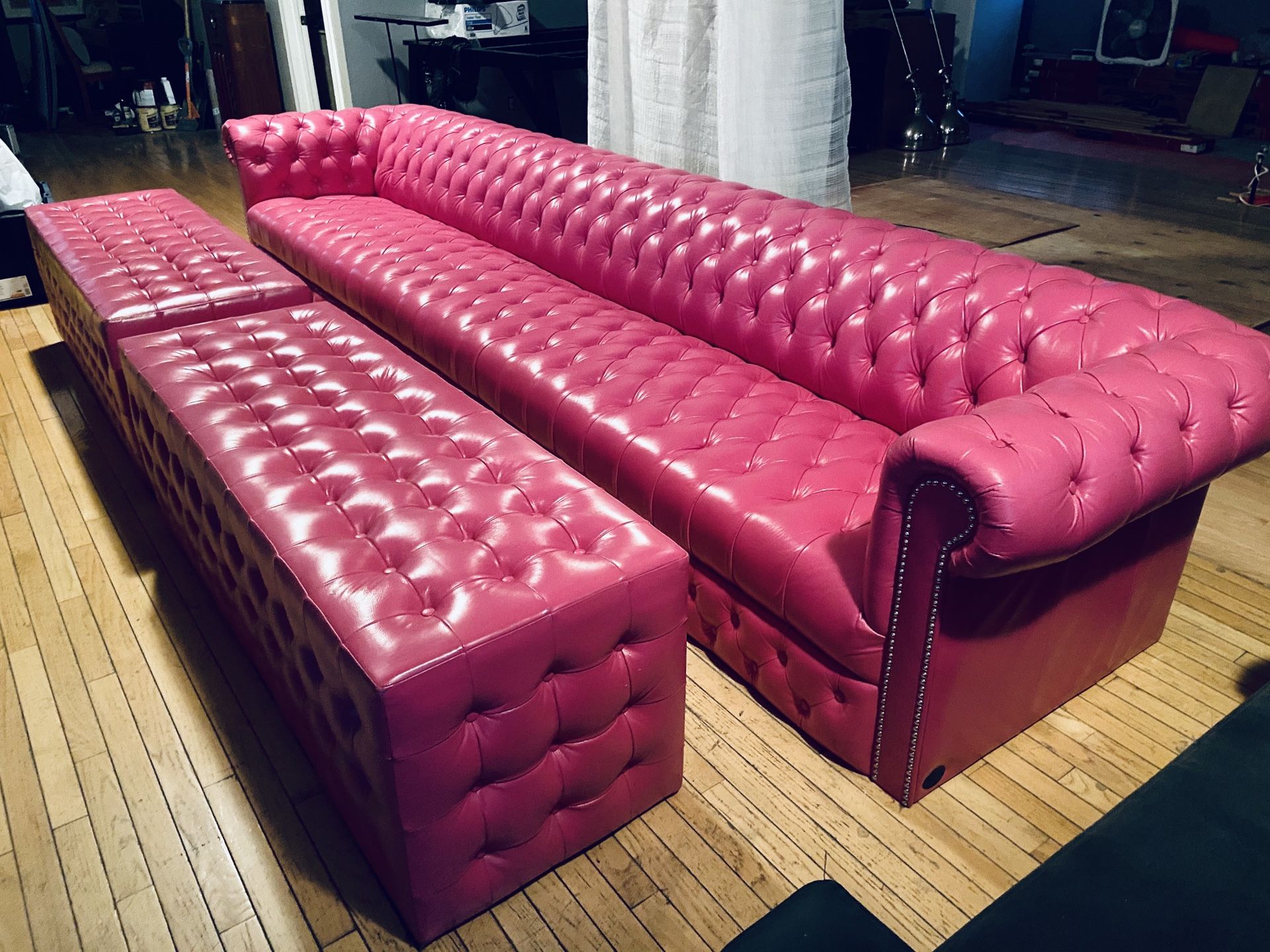 Rare & Unique!! 13 FT Pink Leather Chesterfield Tufted Sofa w/ Matching