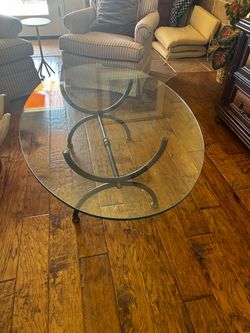 Oval Glass Top Coffee Table – Wrought Iron Scroll Base