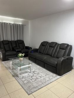 Black Leather Power Reclining Sofa and Loveseat Set
