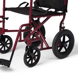Medline Lightweight Foldable Transport Wheelchair with Handbrakes and 12-Inch Wheels, Red Frame, Black Upholstery