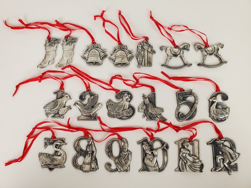 Pewter 12 Days Of Christmas Ornaments Set