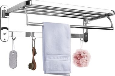 24" Stainless Steel 2-Tier Bathroom Towel Rack Shelf Foldable Adjustable Double Organizer Wall Mounted