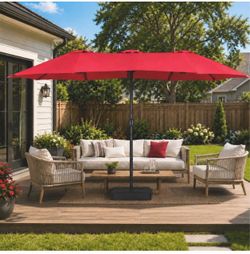 #F 15FT Double-Sided Patio Umbrella w/Base Crank 12 Ribs Vented, Red UV Protection, Dual-Layer Reinforced Fabric, Powder-Coated Iron Frame w/Push Butt