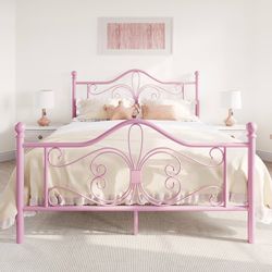 Full Size Metal Bed Frame with Butterfly Headboard, Pink Metal Platform Bed for Kids, Wrought Iron-Art Headboard/Footboard, Under-Bed Storage, No Box