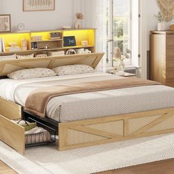 ES68 $180   Farmhouse Bed Frame King Size with Bookcase Storage Headboard