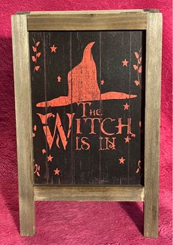 Halloween The Witch Is In / Broom Parking 11” x 7” Wooden Tabletop Easel Sign NEW!