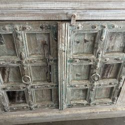 Rustic hand painted reclaimed wood credenza / buffet / media console with metal inlays. Price OBO.