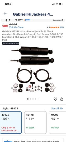 Gabriel HiJackers 49178 Adjustable Rear Air Shocks (Pair) fits Ford E-150, E-250, E-350, Econoline & Club Wagon; E-350, E-450 Super Duty; F-100, F-150