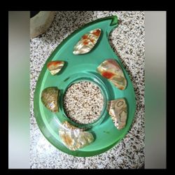 Vintage Shell & Resin Trivet - Paisley Shaped - Sea Green Acrylic & Abalone Shells Trivet - 
Unique Designs USA -