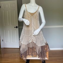 Ryu Beige Boho Crochet Overlay Dress Womens M/L Fairy Grunge Lace Mesh