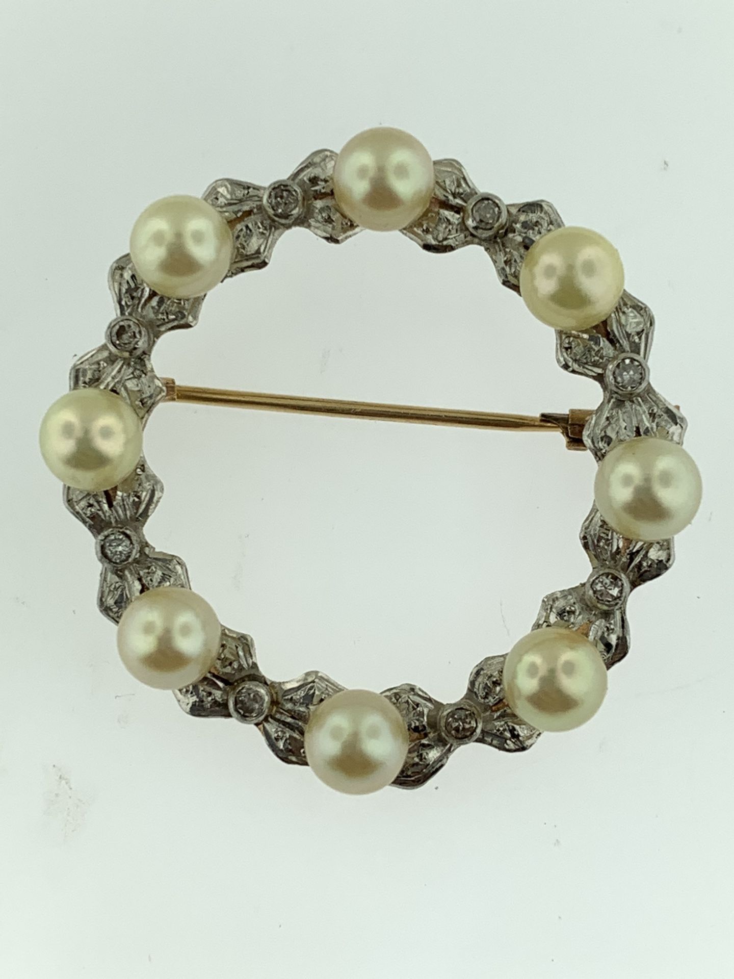 Antique Art Deco Vintage Diamond Pearl Circle Brooch Pin 14K Yellow Gold Estate