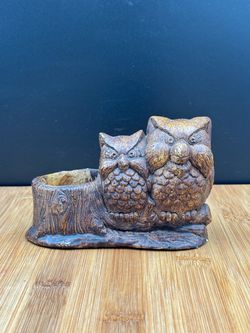 Vintage Double Owl Tree Stump Planter