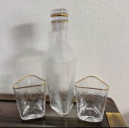 Joshua Steinberg Gold Rim Glass Decanter Set with 2 Tumblers