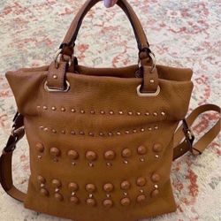 Vince Camuto Leather Crossbody Satchel Bag Studded Gold in excellent condition